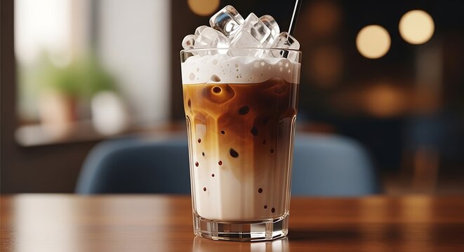 Iced Coffee Delight - A Refreshing Beverage on a Wooden Table.