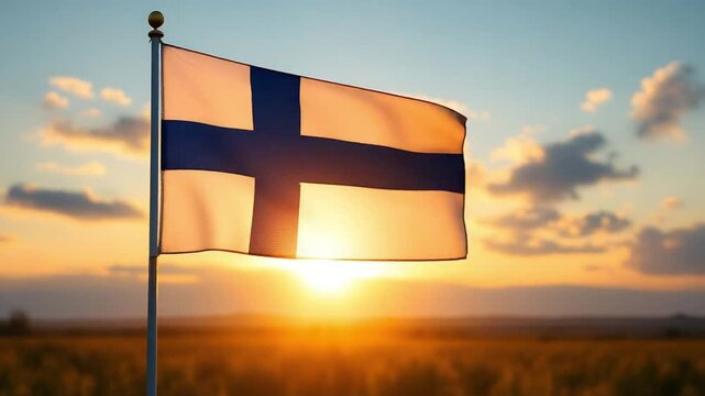 Finland flag waving proudly against a stunning sunset, embodying national pride and a sense of freedom for travel and national holidays