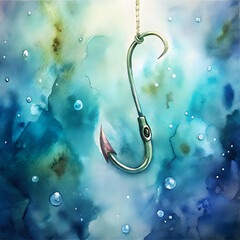 fishing-hook-underwater- ,watercolor background