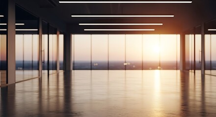 Office interior with sunset view