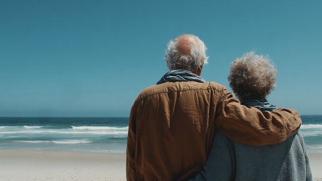 Elderly couple embraces on a serene beach, gazing at the ocean. Their love, like the endless sea, is timeless. A warm jacket is on one of them, and the sky is clear. - Powered by Adobe