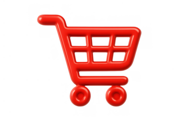 Red glossy 3d shopping cart icon representing digital commerce, adding to cart, web transactions, and delivery services. Transparent background