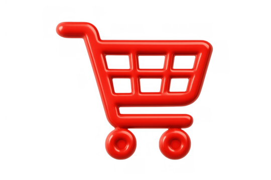 Red glossy 3d shopping cart icon representing digital commerce, adding to cart, web transactions, and delivery services. Transparent background