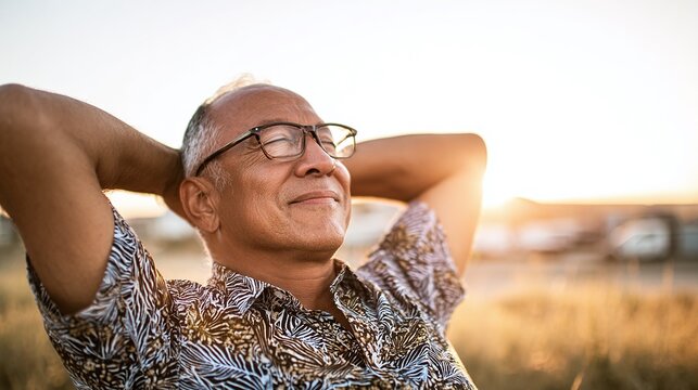 An older gentleman relaxes outdoors with his hands behind his head, enjoying the serenity and sunshine.  He embodies tranquility in his patterned shirt and serene gaze.
