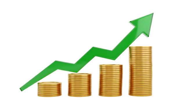 Upward Trending Green Arrow Over Stacks of Gold Coins