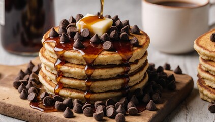 Stack of fluffy chocolate chip pancakes with butter surrounded by more chips on a rustic board served with syrup