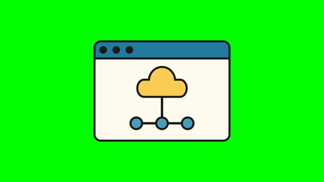 Modern cloud computing workflow icon displayed inside a stylized browser window with clean flat shapes and strong dark outlines