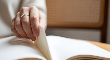 Obraz premium Closeup of a persons hand with a ring turning a page of an open book, suggesting reading, learning, or studying in a cozy setting