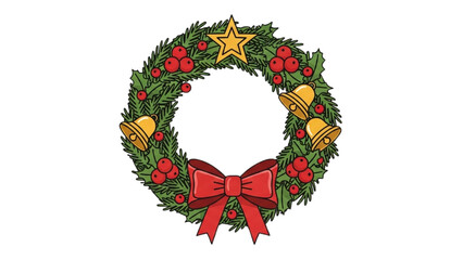 Hand-drawn festive Christmas wreath with a red bow, golden bells, berries, and a star for holiday celebration
