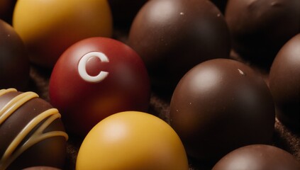 Detailed image of gourmet chocolate truffles with a white C