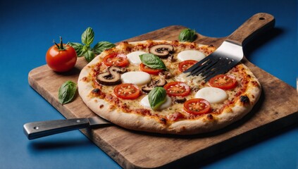 Wooden board with pizza ingredients knife and spatula on blue background