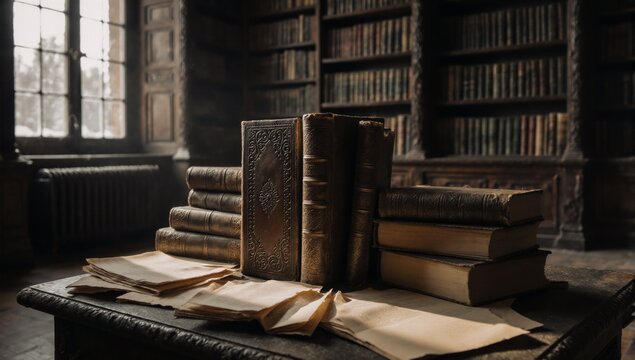 Scene of old books in a wintery library