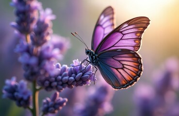 Obraz premium Beautiful butterfly with purple wings on lavender flower in summer garden. Fragile insect pollinates violet blossoms during warm sunset. Close up macro view of wild moth on blooming plant with soft