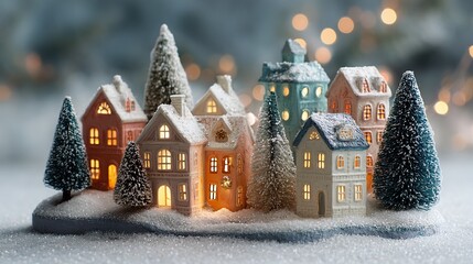 Naklejka premium Festive ceramic village twinkling with holiday cheer, set against a soft, bokeh-lit backdrop. Charming homes and snow-covered pines evoke cozy winter memories.