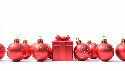 red Christmas balloons on a snowfall on a white background