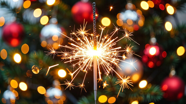 Close up sparkler with festive lights New year background - Powered by Adobe