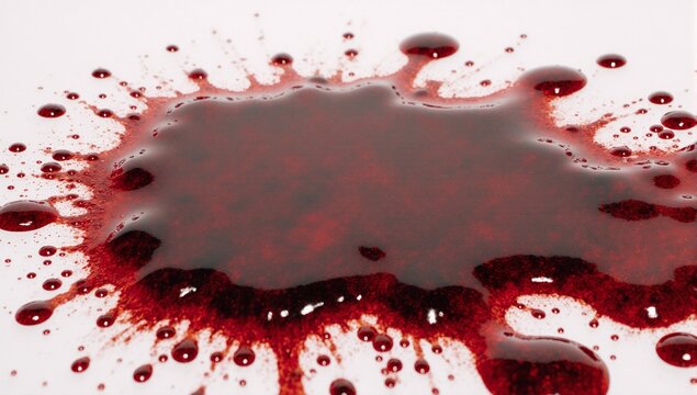 A large isolated puddle of blood with splashes and droplets on a white background for Halloween or crime scene imagery