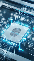 Abstract biometric fingerprint scan on futuristic glass interface representing cyber security and data protection, white clean