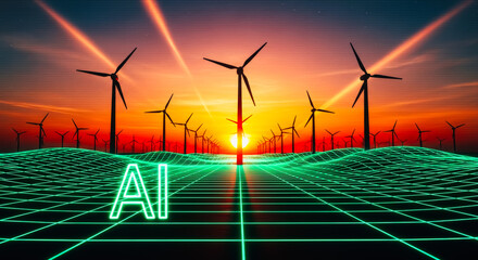 An awe-inspiring view of AI-powered wind turbines generates sustainable energy, symbolizing technological innovation and environmental progress against a radiant sunset.