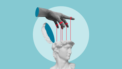 Propaganda, lack of free will, exploitation and psychological manipulation concept. Puppet Strings...