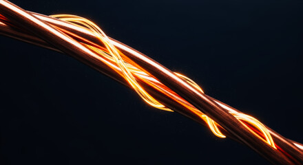 A close-up shot of copper wire with intricate, intertwined glowing lines, set against a dark backdrop. The image creates a sense of sophistication and technological advancement. 
