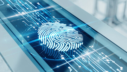Abstract biometric fingerprint scan on futuristic glass interface representing cyber security and data protection, white clean