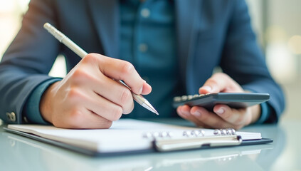 businessman hand writes in a notebook, close-up