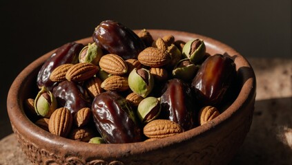 Rustic bowl with mixed dates and nuts for vegan snacks