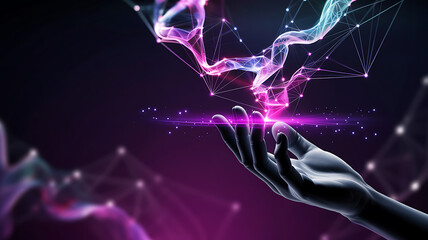 Glowing neon light abstract background design with bright blue energy glow and stars in the dark space sky