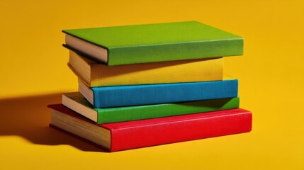Fototapeta premium A stack of five books with vibrant colored covers including green, yellow, blue,