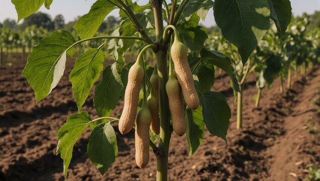 Peanut tree with ripe pods in an organic farm setting illustrating healthy vegan protein source and plant growth in agricultural farming business
