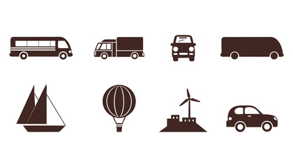 A collection of Transportation and travel icons for modern design needs in black and white silhouette vector illustration