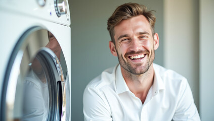 a man in a white shirt near the washing machine