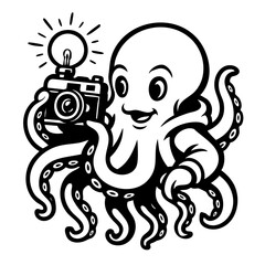 octopus handling a retro film camera with a flash bulb, dynamic tentacle arrangement