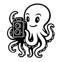 octopus holding a twin-lens reflex vintage camera, detailed tentacles