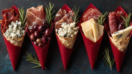 Savor gourmet delights with these charcuterie cones! A symphony of flavors in every bite. Perfect for gatherings and special occasions. Enjoy cheeses, meats, olives.