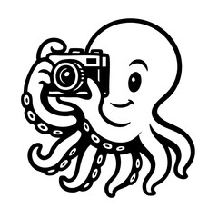 octopus lifting a classic retro camera to eye level as if taking a photo
