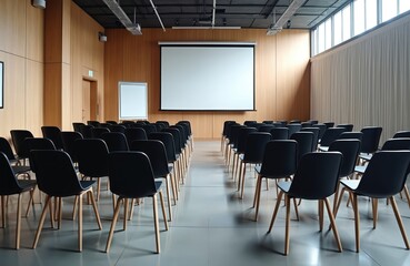Empty conference room with rows of black chairs facing a large projection screen and flip chart. Modern interior design with wood paneling and large windows.