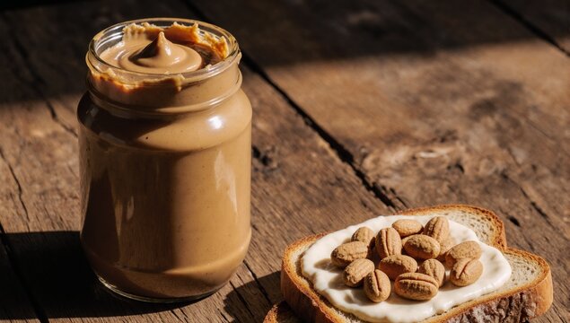 Wholesome breakfast with natural peanut butter and toast highlighting protein-rich spread on whole wheat