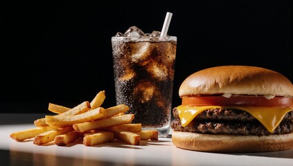 Delicious fast food double cheeseburger fries soda tasty culinary objects