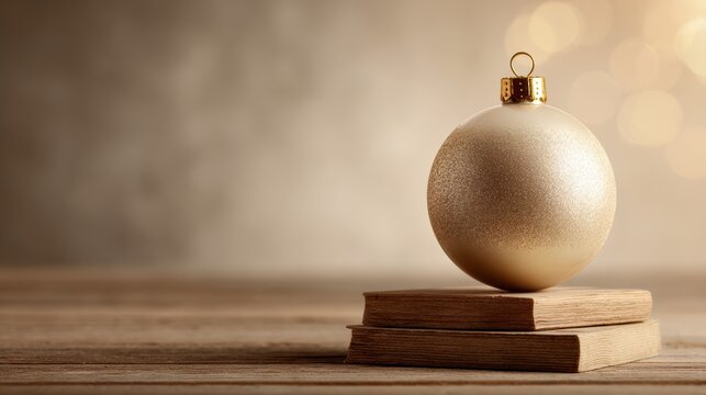 Elegant Christmas ornament resting on vintage books with soft bokeh background