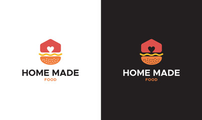 Modern homemade food logo featuring a minimalist house and burger icon combination, symbolizing fresh home-cooked meals with a clean, professional brand style.