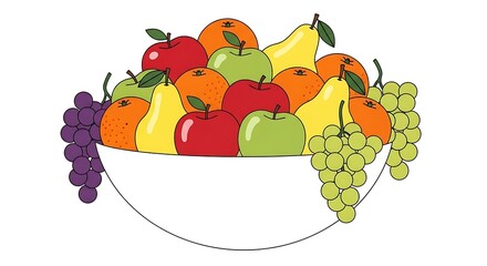 Colorful Fruit Bowl Illustration with Apples, Pears, Oranges, and Grapes.