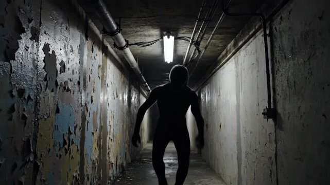 Man walking through old dark basement corridor with flickering fluorescent light. Spooky long hallway with peeling paint creating a scary atmosphere.