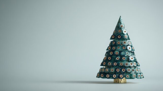 Unique Christmas tree made from recycled circuit boards on a light gray background