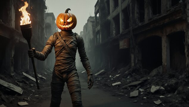 A pumpkin-headed mummy holds a torch in a post-apocalyptic Halloween cityscape 2025