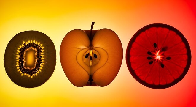 Sliced kiwi, apple, and orange fruits, vibrant colors, healthy eating concept. - Powered by Adobe