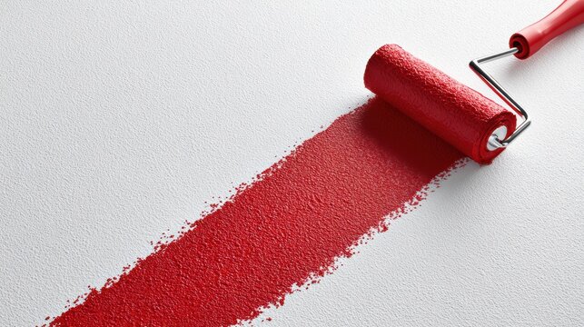 Red paint roller applying a vibrant stroke on a textured white wall