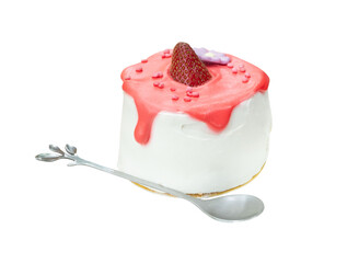 Strawberry cake with glazed cream and mini silver spoon or tea spoon isolated with clipping path in png file format