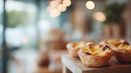 Row of small, golden-brown tarts on a wooden table. the tarts appear to be freshly baked and have a flaky crust. they are arranged in a neat row and are slightly overlapping each other.
